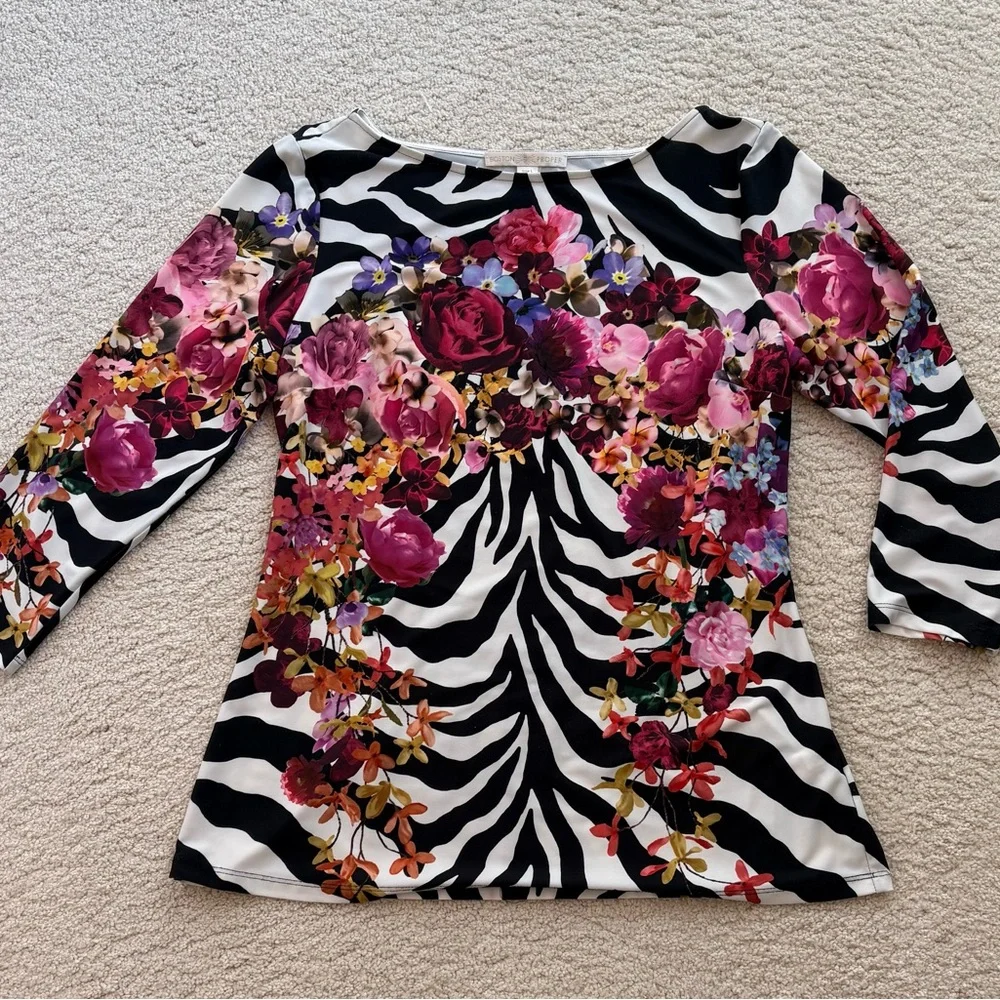 Boston Proper Black and White Zebra Top with Pink Floral Design - Picture 9 of 9